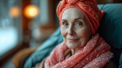 Serene Senior Woman with Cancer Smiling Positively at Home