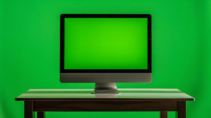 Minimalistic workspace with monitor . The monitor displays a green screen, wooden table tecnology set