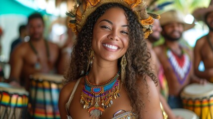 Joyful Black Woman Celebrating Carnival with Vibrant Samba Dance and Traditional Costume