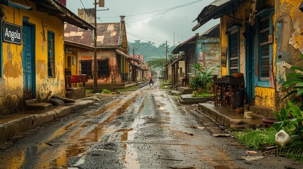 Rainy Day in a Colorful Angolan Village with Mountainous Background