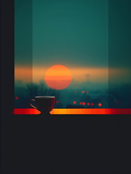 Kaffee am Morgen Wallpaper / Kaffeetasse auf dem Fensterbrett / Kaffe Poster / Morgenkaffee Illustration / Ki-Ai generiert