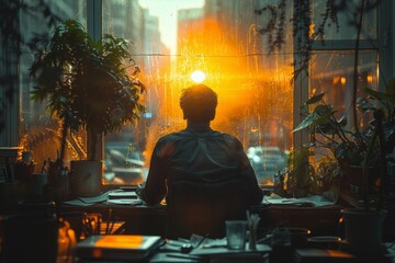 Man gazes at the setting sun from a table next to a window in a city building