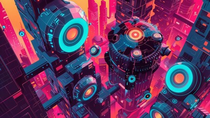 Obraz premium Design a high-angle depiction of Robotic Guardians in an abstract urban environment, blending elements of fantasy and realism Create a visually striking composition with a harmonious fusion of vivid c