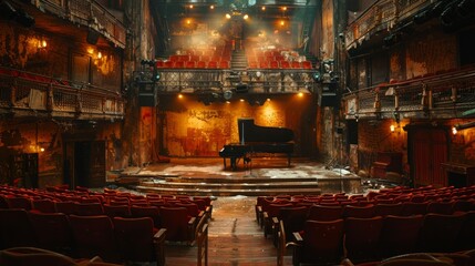deserted theater with a lone piano at its center, waiting silently for a pianist to breathe life into its keys.