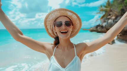 Portrait of happy sexy woman enjoying summer vacation on beach. People travel happiness concept