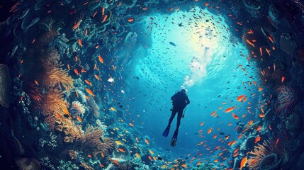 Scuba Divers Explore Ocean Tunnel with Undersea Life: Wide Banner Design with Copyspace