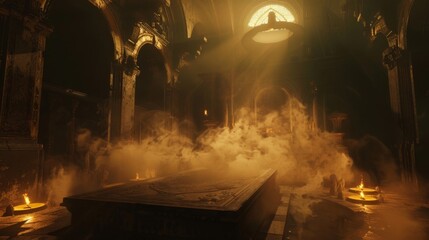 A dimly lit chamber filled with swirling incense smoke where a group of ancient scribes huddle over a massive tome their eyes intently . .