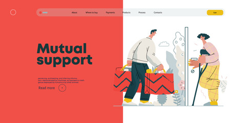 Mutual Support Buying groceries for ill neighbor -modern flat vector concept illustration of man carrying shopping bags for woman on crutches Metaphor of voluntary, collaborative exchanges of services