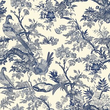 French toile inspired blue pattern on light beige background, seamless pattern