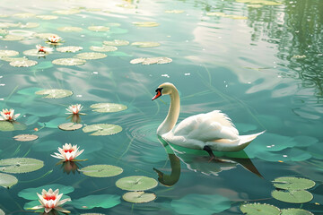 Fototapeta premium A serene pond with a graceful swan gliding across the water, surrounded by floating Easter lilies.