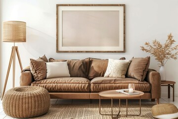 Warm and cozy interior of living room space with brown sofa, pouf, beige carpet, lamp, mock up poster frame, decoration, plant and coffee table. Cozy home decor. Template - generative ai