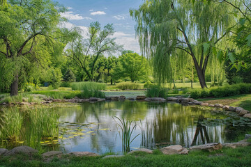 A serene pond surrounded by weeping willow trees