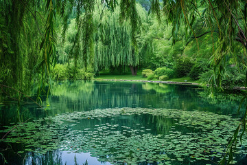 Obraz premium A serene pond surrounded by weeping willow trees