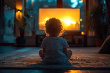 Small child watches TV sitting on the floor