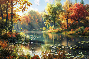 A serene pond surrounded by colorful autumn trees bathed in sunlight. - Powered by Adobe