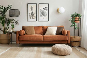 Warm and cozy interior of living room space with brown sofa, pouf, beige carpet, lamp, mock up poster frame, decoration, plant and coffee table. Cozy home decor. Template - generative ai