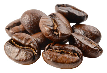Close-up of roasted coffee beans isolated on transparent background