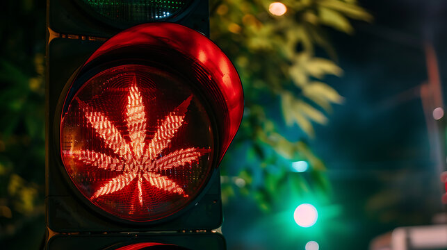 a traffic light displaying a red stop signal, but with a unique twist: the red light takes the shape of a detailed cannabis leaf.