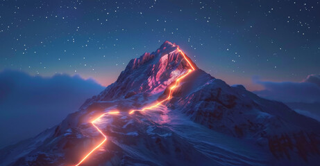 3d rendering of glowing line path on mountain peak with starry sky background. Concept for business success, achievement and progress idea