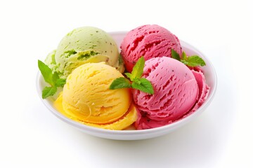 Brightly colored traditional Italian gelato scoops on bowl on white background. Scoops of colorful ice cream in a white bowl with fresh mint