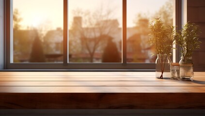 a wooden table with two vases of plants on it and a window in the background with a city view..