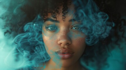 a woman with blue smoke