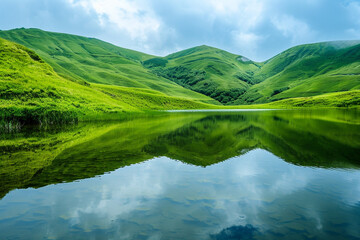 A serene lake reflecting the vibrant green hills that surround it.