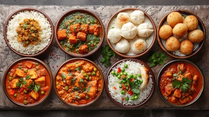 Assorted Traditional Indian Dishes in a Top View Layout Featuring Rich and Spicy Flavors