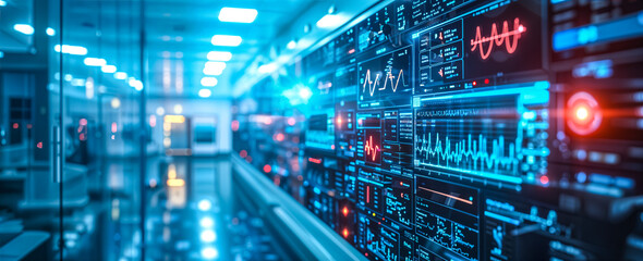 Modern Medical Facility. A high-tech hospital room features a large digital screen displaying vital signs and medical data, representing advanced healthcare technology.