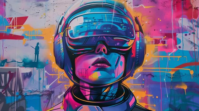 Incorporate a futuristic VR headset on a city street mural splashed with vibrant colors, capturing an astronauts journey through cosmic graffiti tunnels, Integrate dynamic camera angles to immerse vie