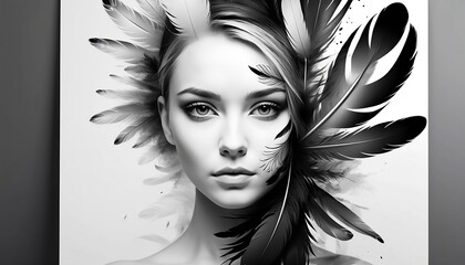 Abstract poster of female with feathers concept black and white artistic living room art picture frame idea created with generative ai