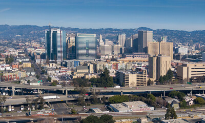 Interstate freeway and downtown Oakland, California, United States of America.