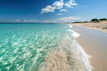 A sandy beach with crystal-clear turquoise waters sparkling under the sun.