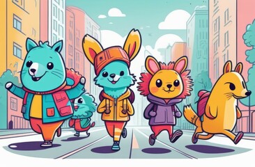 Funny animal characters leading an active lifestyle in the city