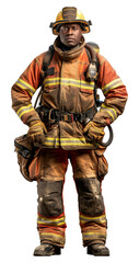 Fototapeta premium Brave firefighter in full gear standing isolated on transparent background