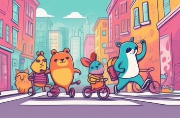 Funny animal characters leading an active lifestyle in the city