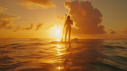 Fototapeta premium A young woman paddles a stand-up paddleboard through the calm waters of a tropical lagoon at sunset.