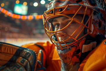 detailed close up of a hockey goalie in action, wearing a helmet and focused on defending the net during a game.