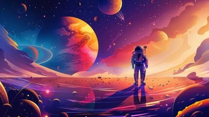Visualize the allure of space romance using a contrasting color scheme of warm oranges against cool blues to depict a couple floating among celestial bodies Utilize a mix of CG 3D and photorealistic e