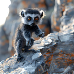 A 3D cartoon illustration of an alert lemur warning hikers of a dangerous cliff.