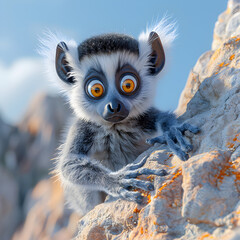 A 3D cartoon depiction of a curious lemur creating loud noises near the edge of a cliff.