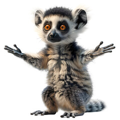 A 3D cartoon render of a lemur using gestures to warn hikers away from a dangerous cliff.