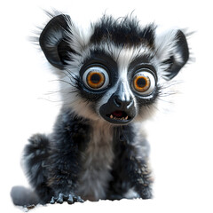A 3D cartoon illustration of a startled lemur with wide eyes staring at approaching hikers near a cliff.