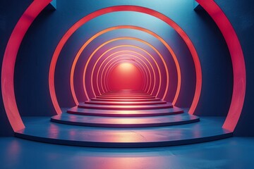 A 3D rendering of a futuristic tunnel with a magenta light at the end