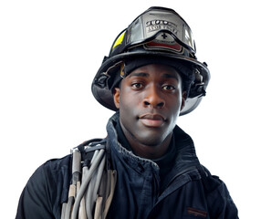 African American firefighter in black uniform and safety helmet isolated on transparent background