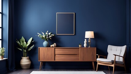  Living room with cabinet for tv on dark blue color wall background 