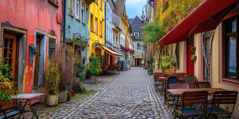 Quaint European street with colorful facades and cobblestones. A picturesque cobblestone street lined with colorful buildings and outdoor cafes in a quaint European town. Resplendent.