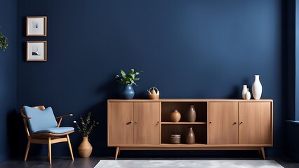  Living room with cabinet for tv on dark blue color wall background 