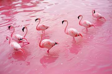 A row of pink flamingos wading in a shallow pink river.