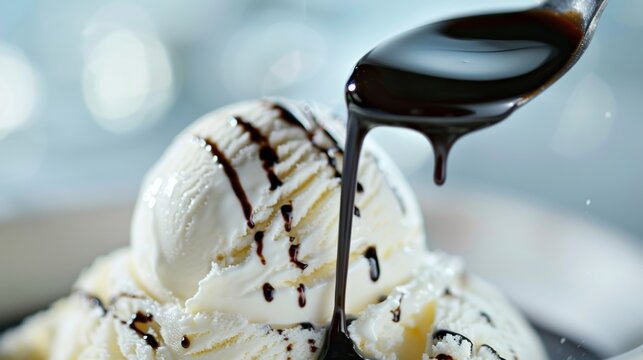 A scoop of creamy vanilla ice cream topped with a generous drizzle of organic balsamic oil for a unique and decadent dessert.